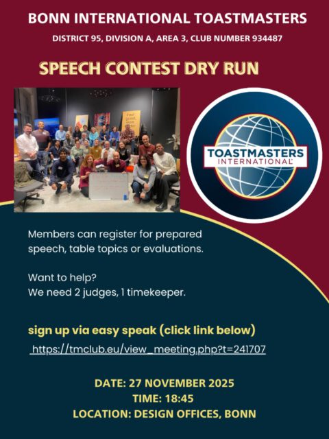 🌟 “Where Speakers Become Champions — Don’t miss our club’s Speech Contest this Thursday!”

#Toastmasters #ToastmastersEurope #Bonn #PublicSpeaking #Leadership #Masquerade #Communication #Culture #Inspiration #Networking #Confidence #PersonalGrowth #Storytelling #Diwali #Karneval #Samhain #SpeakToInspire