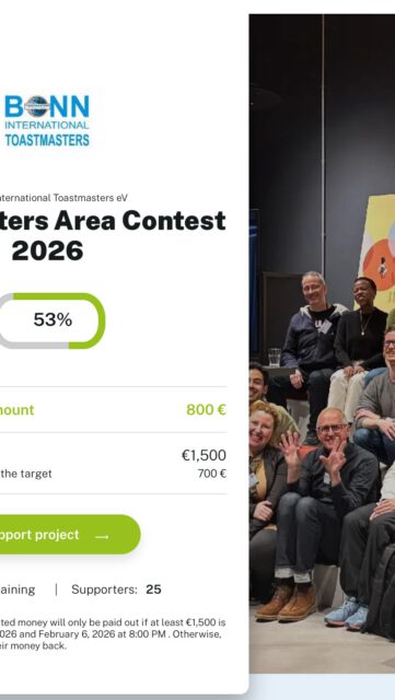 Strong communities start with confident voices ๐ค๐ค
Weโre bringing the Toastmasters Area Contest to Bonn โ a space where people come together to learn, lead, and grow.
- Supporting local talent
- Strengthening our community
- Featuring World Champion Speaker Sabi โ live in Bonn
- For every donation of โฌ10 or more, the SWB and City of Bonn adds another โฌ10
- Only 13 days to make it happen
๐ Support our community โ link in bio
https://www.bonn-crowd.de/tmareacontest
#ToastmastersBonn #BonnEvents #CityEvents #stadtwerkebonn #crowdfundingcampaign