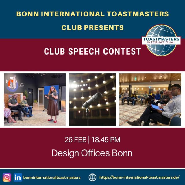 Contest Alert!!🚨 

BIT Club Contest is up this week. We are ready are you?

Let’s make this Thursday an evening to remember with lots of learnings, laughter and major achievements 🥳🥳🎤🎙️

Guest are most welcomed to join the evening.

Design offices |18.45PM | 26Feb Thursday 

#bonnevents #meetup #bonninternationaltoastmasters #speechcontest #toastmasterinternational