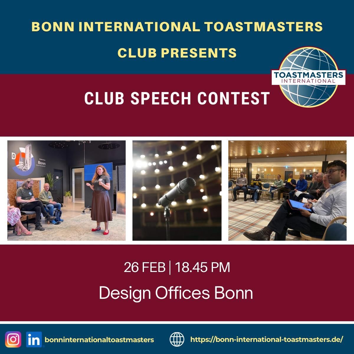 Contest Alert!!🚨 

BIT Club Contest is up this week. We are ready are you?

Let’s make this Thursday an evening to remember with lots of learnings, laughter and major achievements 🥳🥳🎤🎙️

Guest are most welcomed to join the evening.

Design offices |18.45PM | 26Feb Thursday 

#bonnevents #meetup #bonninternationaltoastmasters #speechcontest #toastmasterinternational